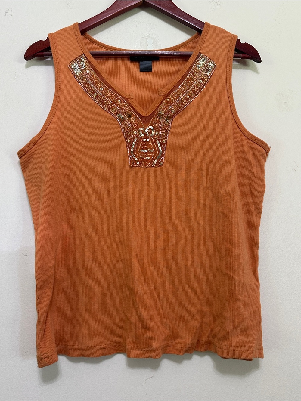 Ashley Stewart Orange Beaded V-Neck Tank